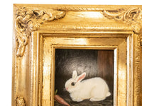 Gilded Framed Small Oil Painting Rabbit And Carrot Antique Style Hand Painted