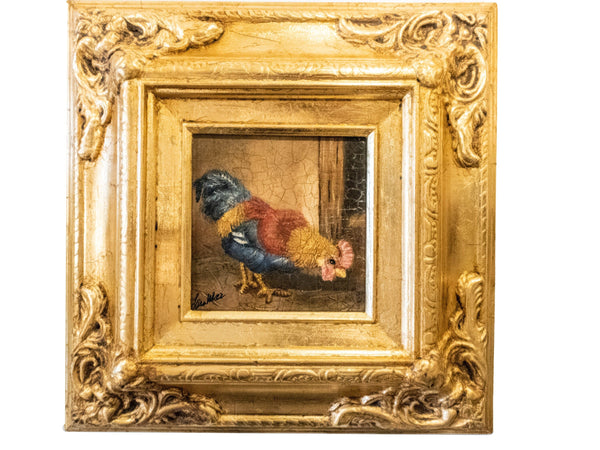 Gilded Framed Oil Painting Rooster Chicken Antique Style Hand Painted