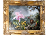 Gilded Framed Oil Painting Cattleya Orchid And 3 Hummingbirds Antique Style