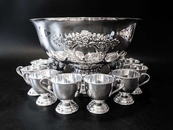 Vintage Silver Plate Punch Bowl Set With 10 Cups Repousse