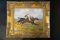Ornate Gold Framed Oil Painting Horses And Jockeys Antique Style Hand Painted