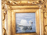 Gilded Framed Oil Painting Swan In Lake Antique Style