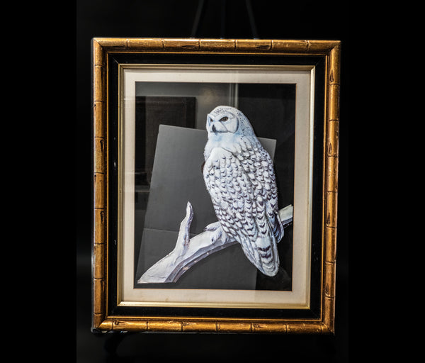 Large Vintage Paper Tole Snow Owl 3D Bamboo Framed Paintings And Art