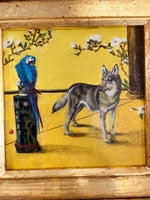 Gilded Framed Oil Painting German Shepherd and Parrot Antique Style Paintings And Art