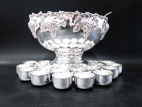 Huge Silver Plate Punch Bowl Beverage Chiller With 18 Cups IOB With Dust Cover